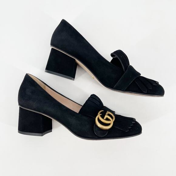 Gucci Marmont Black Suede GG Logo Kiltie Fringe Block Heel Loafer Pumps EU 37 - Picture 3 of 14